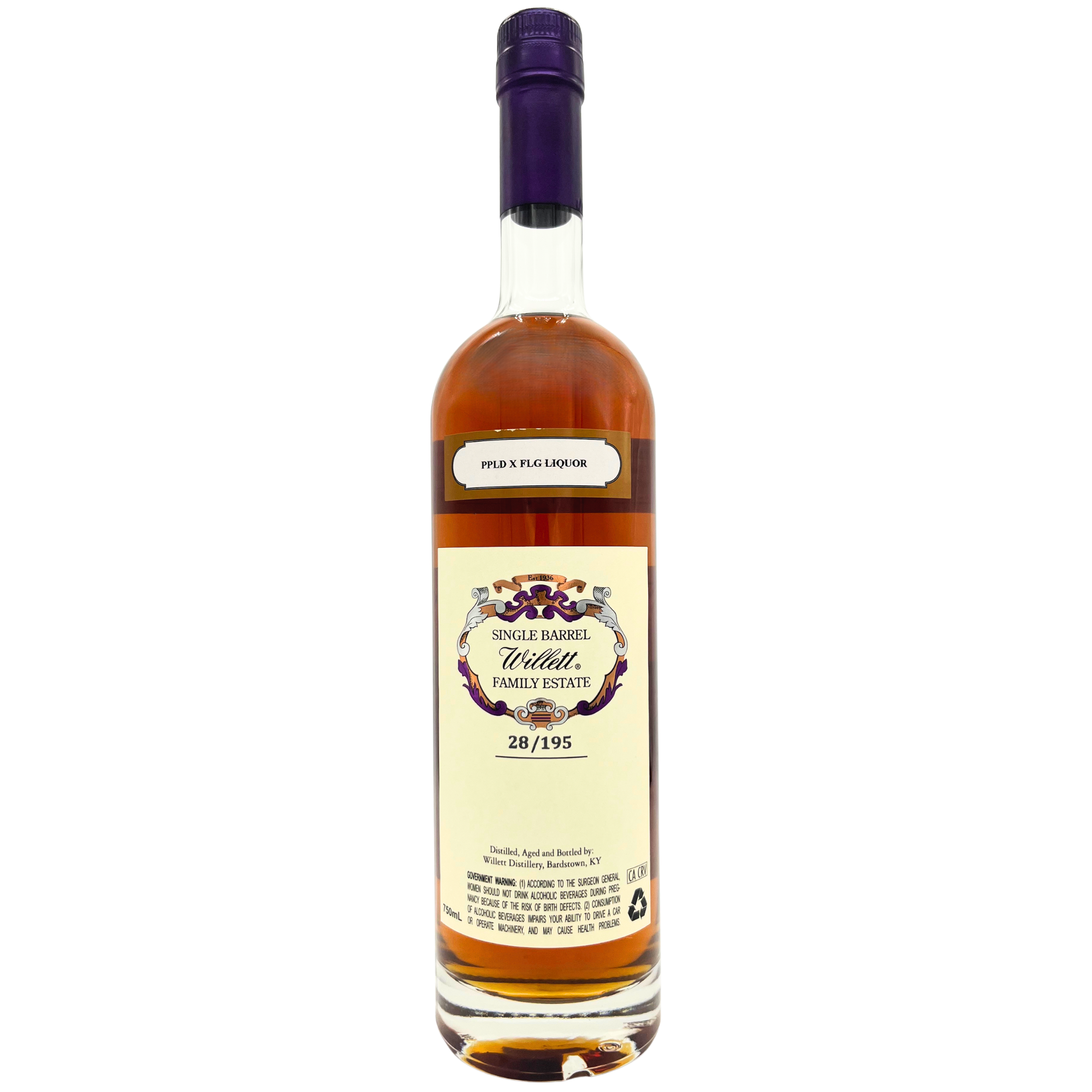 A bottle of Single Barrel Volatile Family Estate 28/1/95 whiskey, showing the amber liquid inside a clear glass bottle with a cream-colored label and a dark purple capsule seal, set against a plain white background.