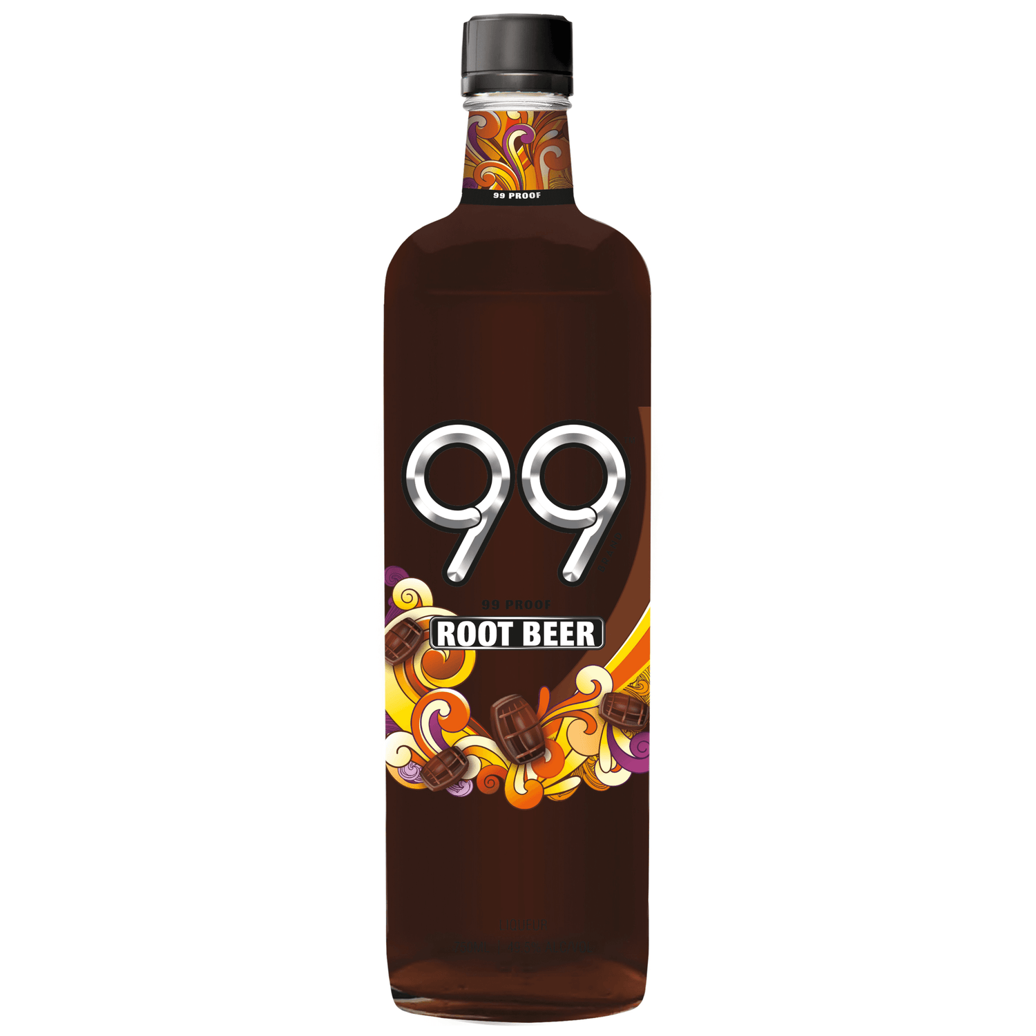 Bottle of 99 Root Beer Liqueur 750ml, 99 Proof with decorative label design