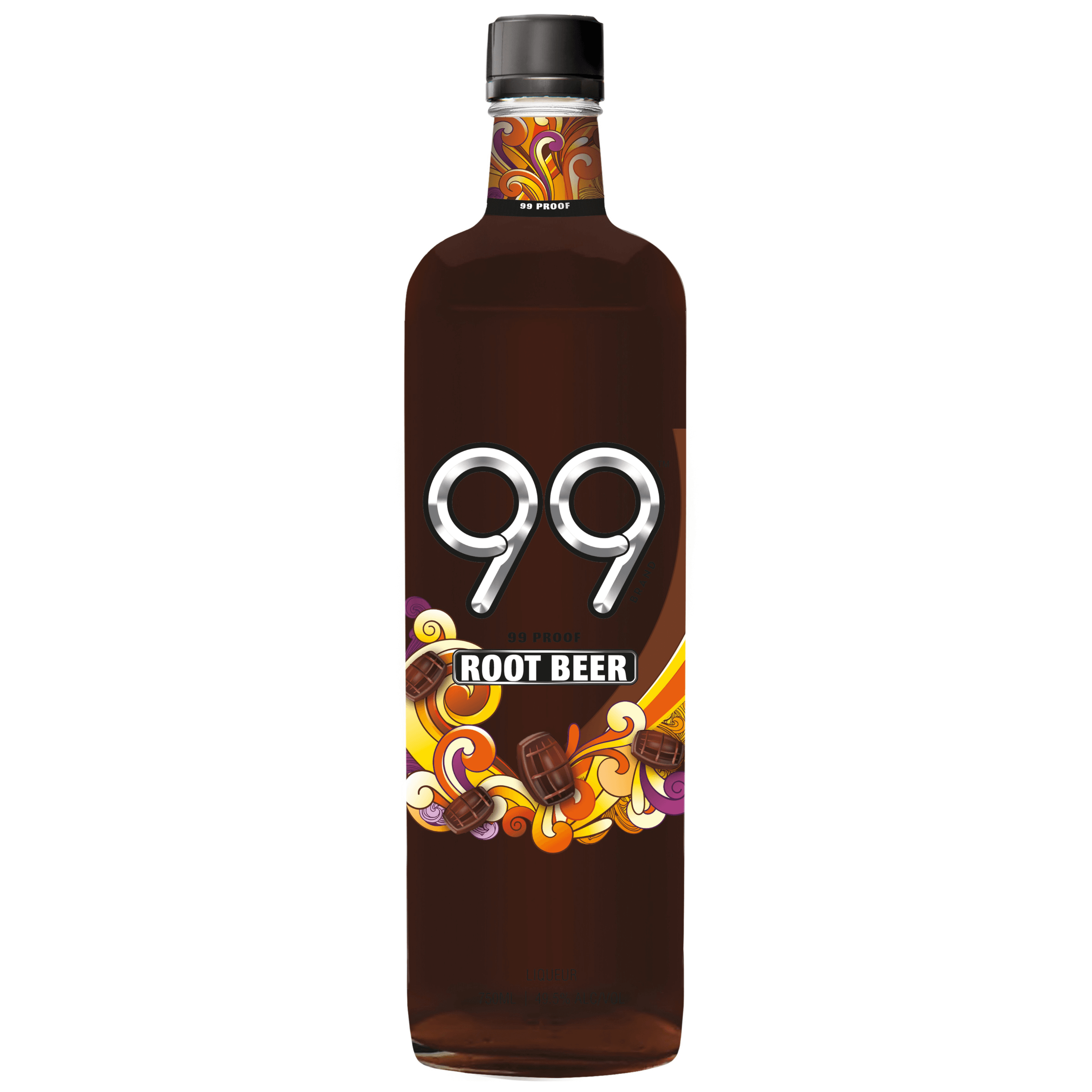 Bottle of 99 Root Beer Liqueur 750ml, 99 Proof with decorative label design