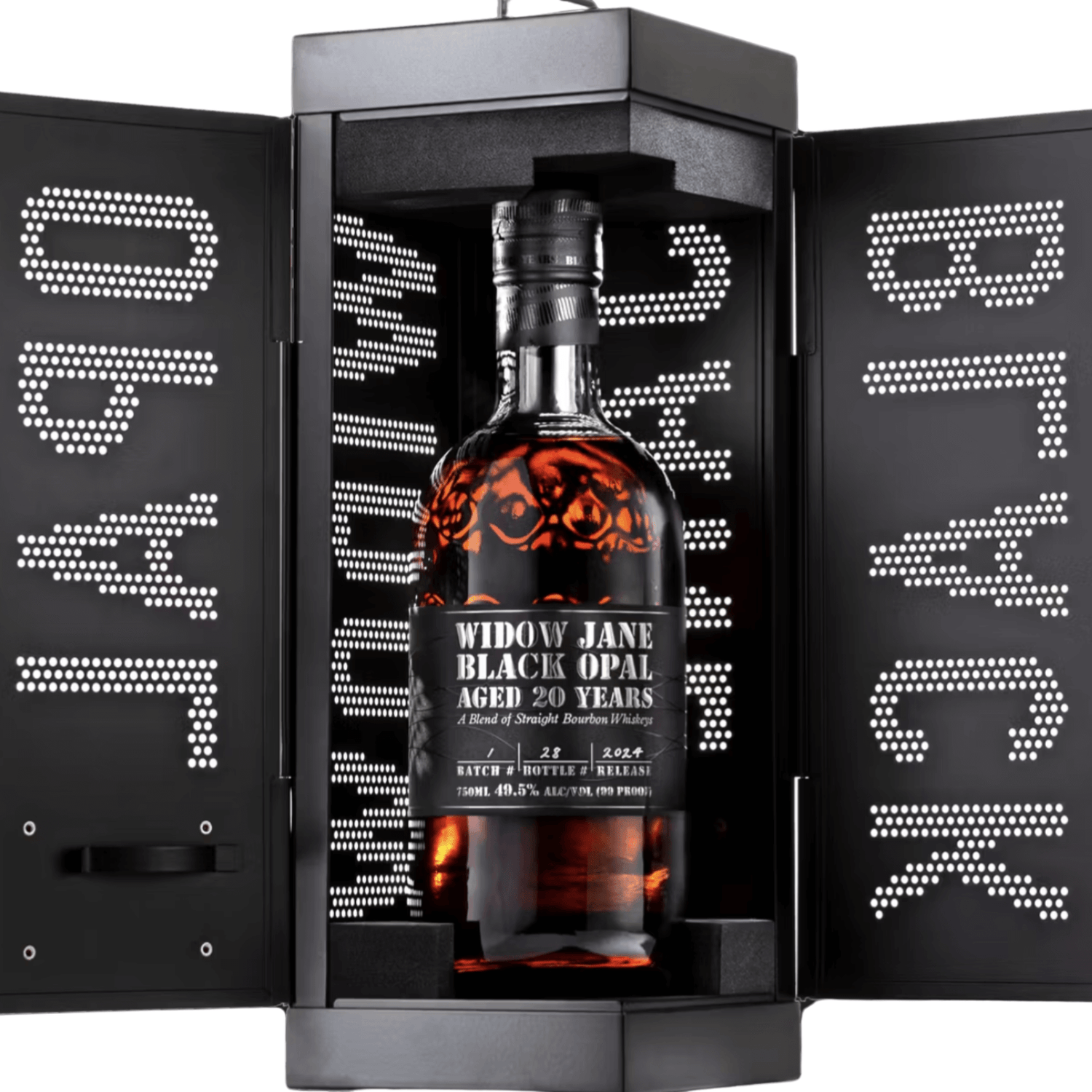 Widow Jane Black Opal 20-Year-Old Blended Bourbon Whiskey 750mL bottle with ornate packaging.