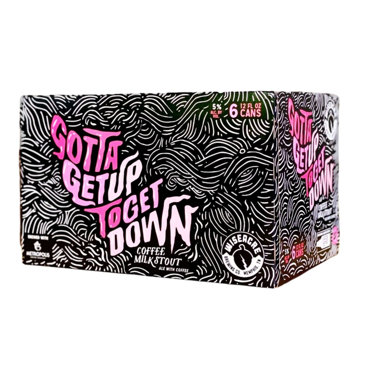 Wiseacre Gotta Get Up To Get Down Coffee Milk Stout 6 Pack, 12oz Cans, bold packaging with vibrant graphics from Memphis brewery.