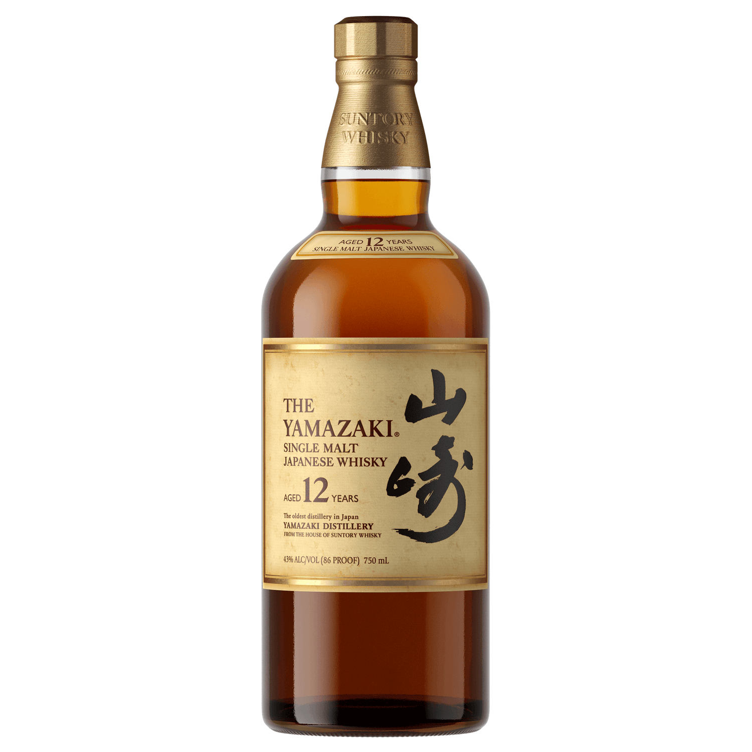 Suntory Yamazaki 12-Year Japanese Single Malt Whisky 750ml bottle with label, featuring a rich amber color and gold accents.