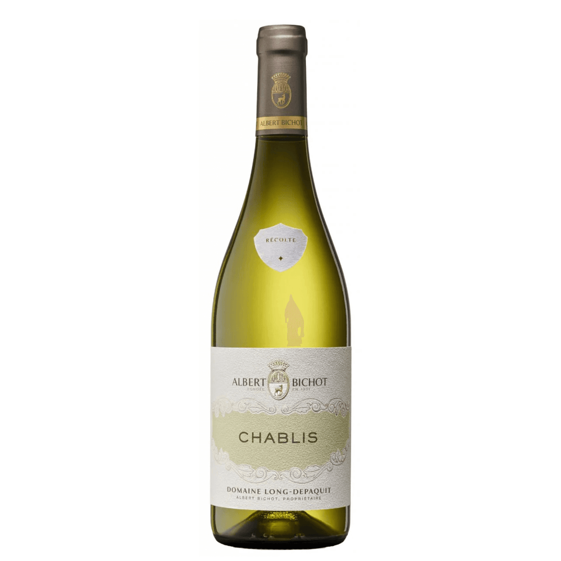 Elegant 2022 Albert Bichot Chablis 750ml bottle with golden hue from Burgundy, France, showcasing Chardonnay style.
