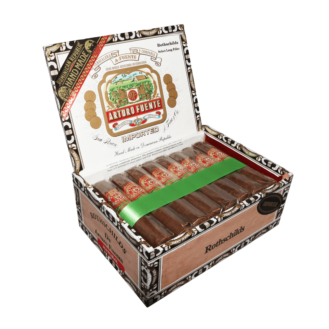 Open box of Arturo Fuente Rothschilds Natural cigars from Dominican Republic with Cameroon wrapper, displaying 25 cigars.
