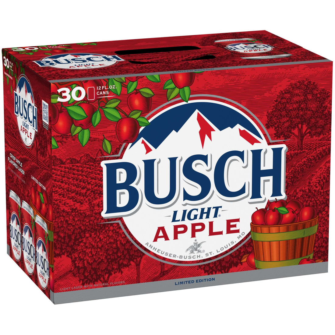 Busch Light Apple 30 pack of 12oz cans, featuring a crisp light lager with natural apple flavor, brewed by Anheuser-Busch in Missouri.