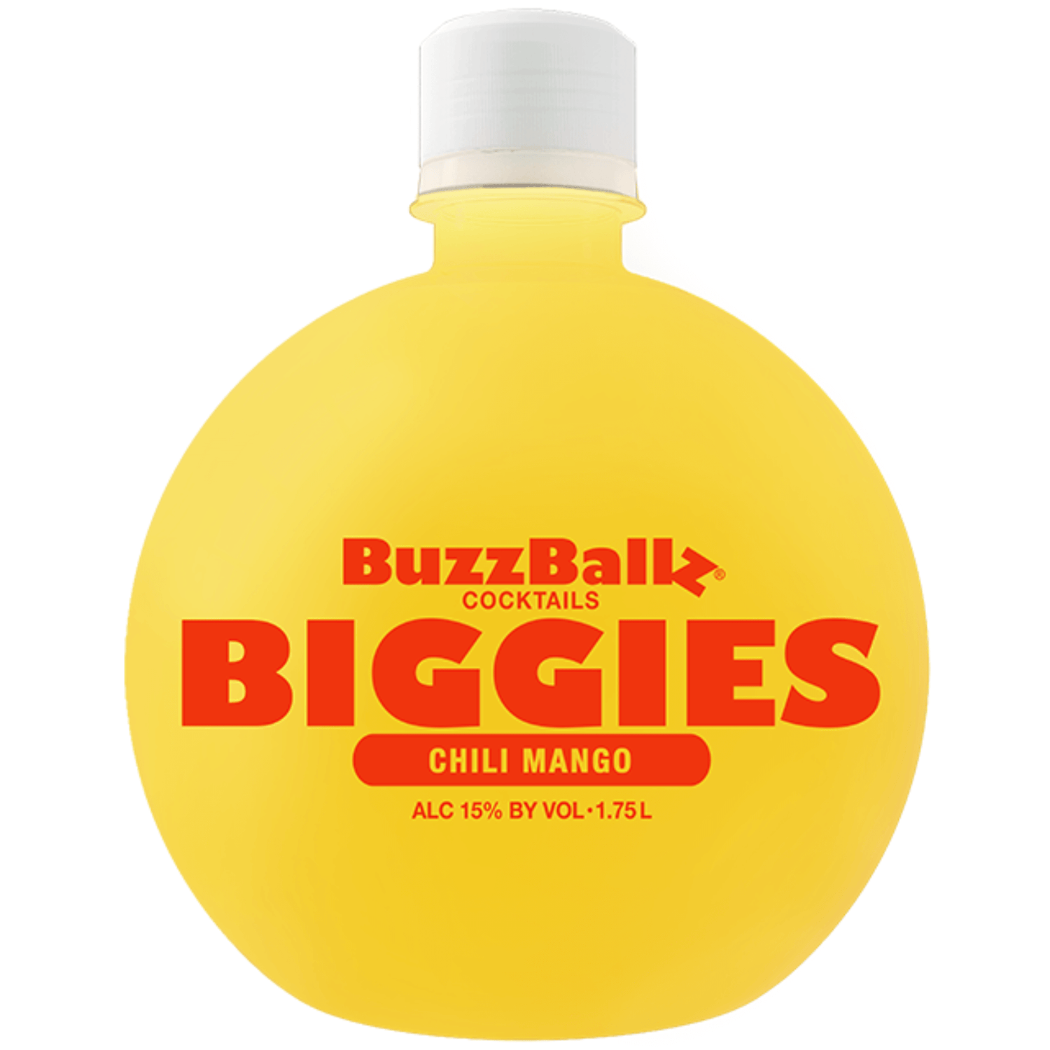 BuzzBallz Biggies Chili Mango 1.75L bottle with vibrant yellow color and bold red text, featuring a unique tropical chili flavor.