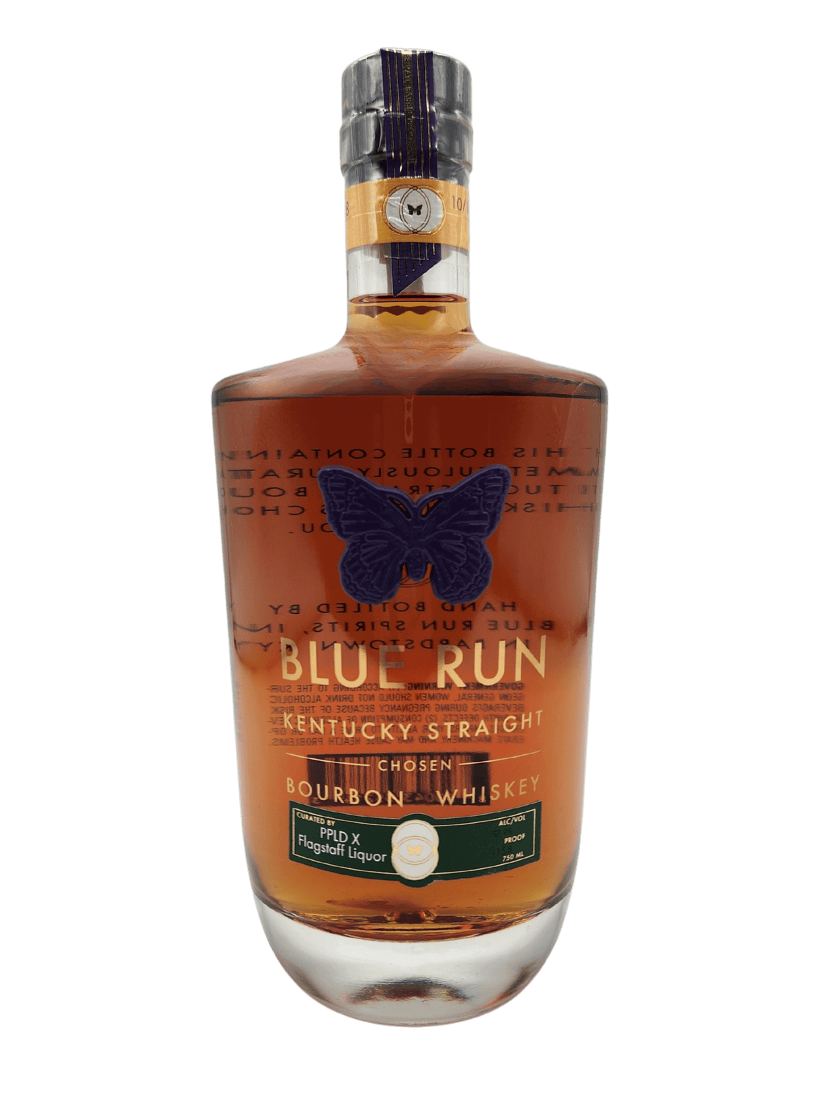Blue Run Kentucky Straight Bourbon Whiskey bottle with a butterfly emblem, displaying rich amber color and elegant packaging.