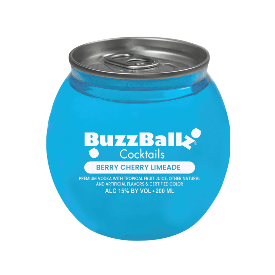 BuzzBallz Cocktails Berry Cherry Limeade 200ml can, a ready-to-drink cocktail with cherry and lime flavors, 15% alcohol.