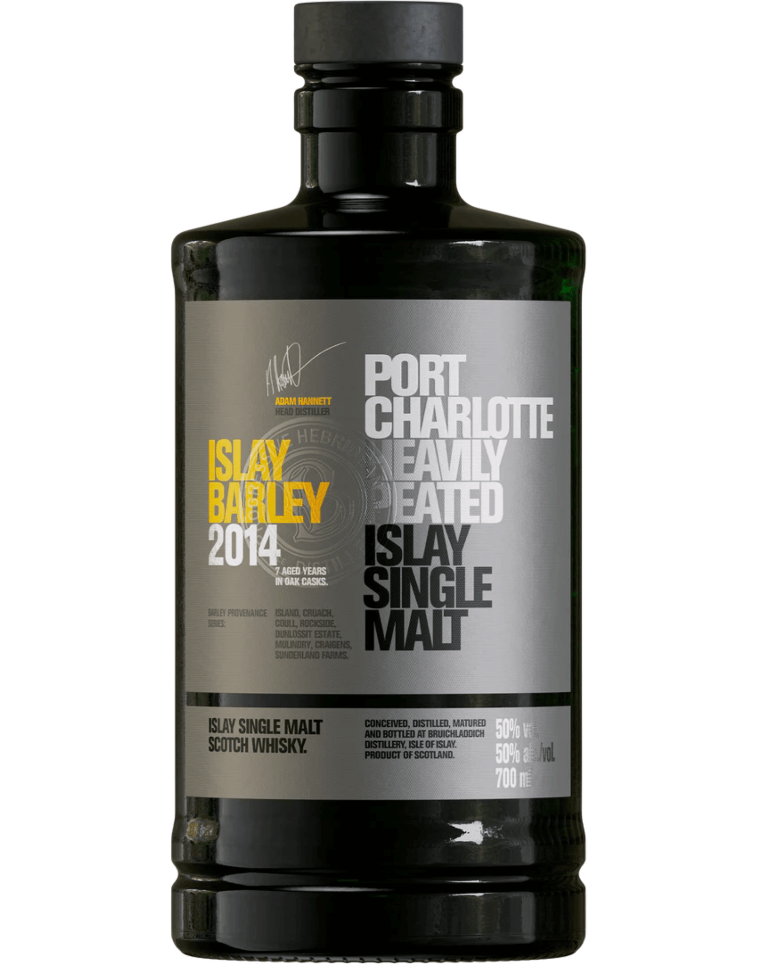 Bruichladdich Port Charlotte 10 Year Heavily Peated Islay Single Malt Scotch Whisky 750mL bottle with bold, smoky flavor.