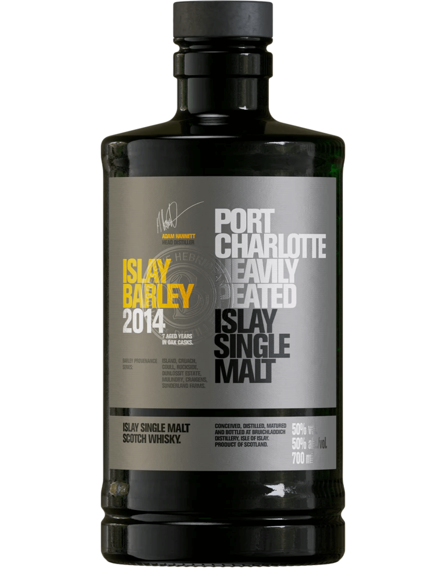 Bruichladdich Port Charlotte 10 Year Heavily Peated Islay Single Malt Scotch Whisky 750mL bottle with bold, smoky flavor.