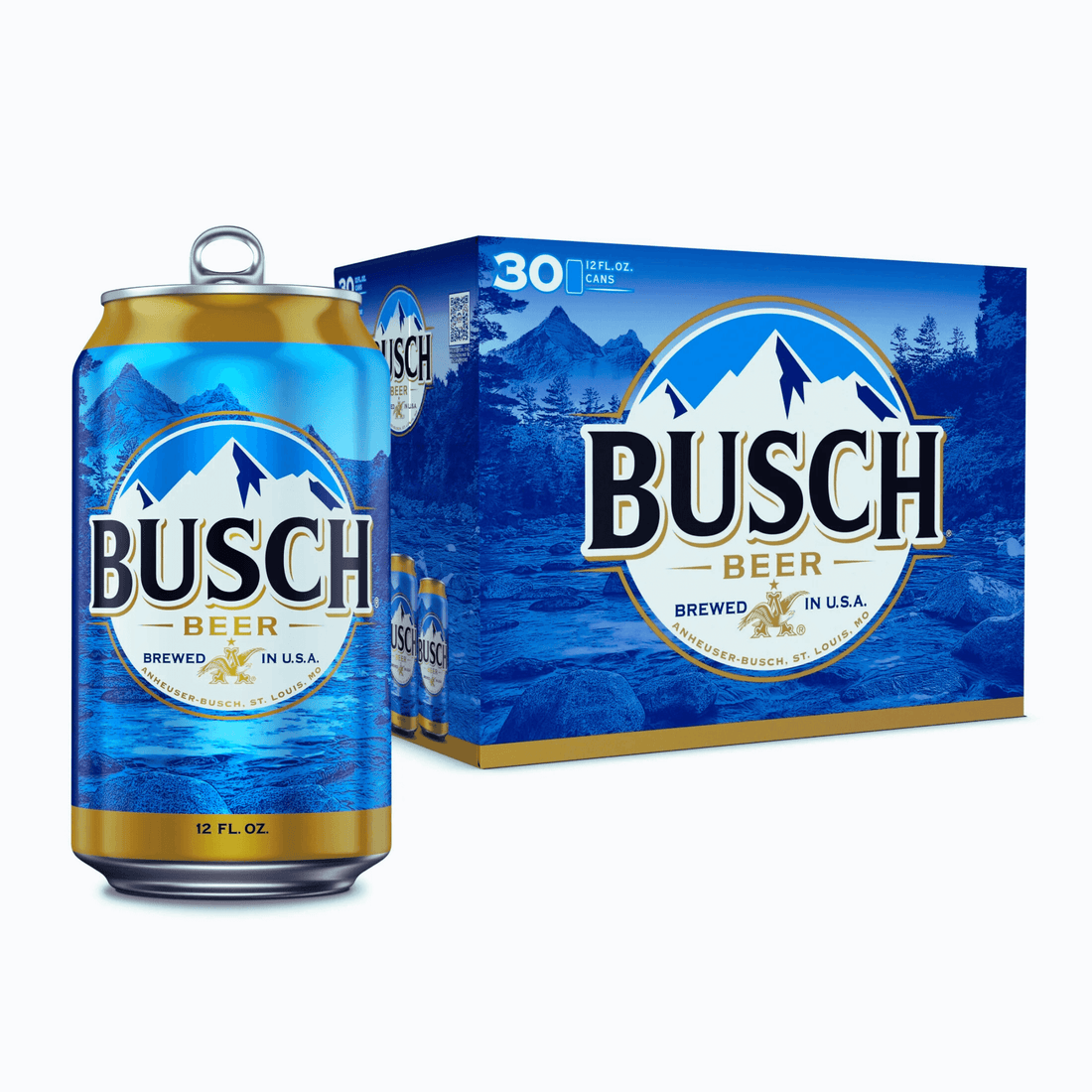 Busch Beer 30 Pack of 12oz cans featuring classic blue packaging with mountain logo, brewed in the USA, by Anheuser-Busch.
