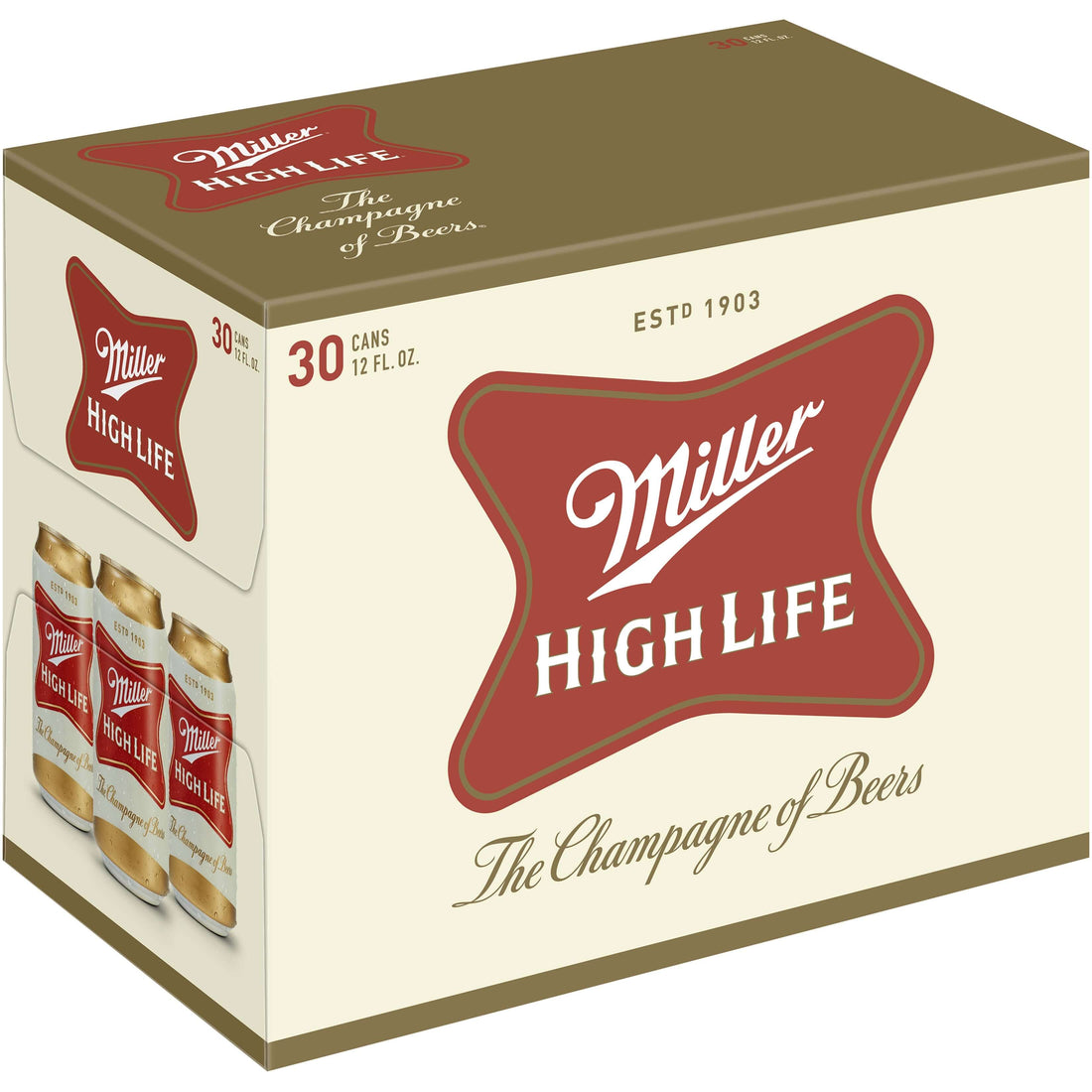 Miller High Life 30 Pack of 12oz cans, American lager by Miller Brewing Company, known for crisp taste and smooth drinkability.