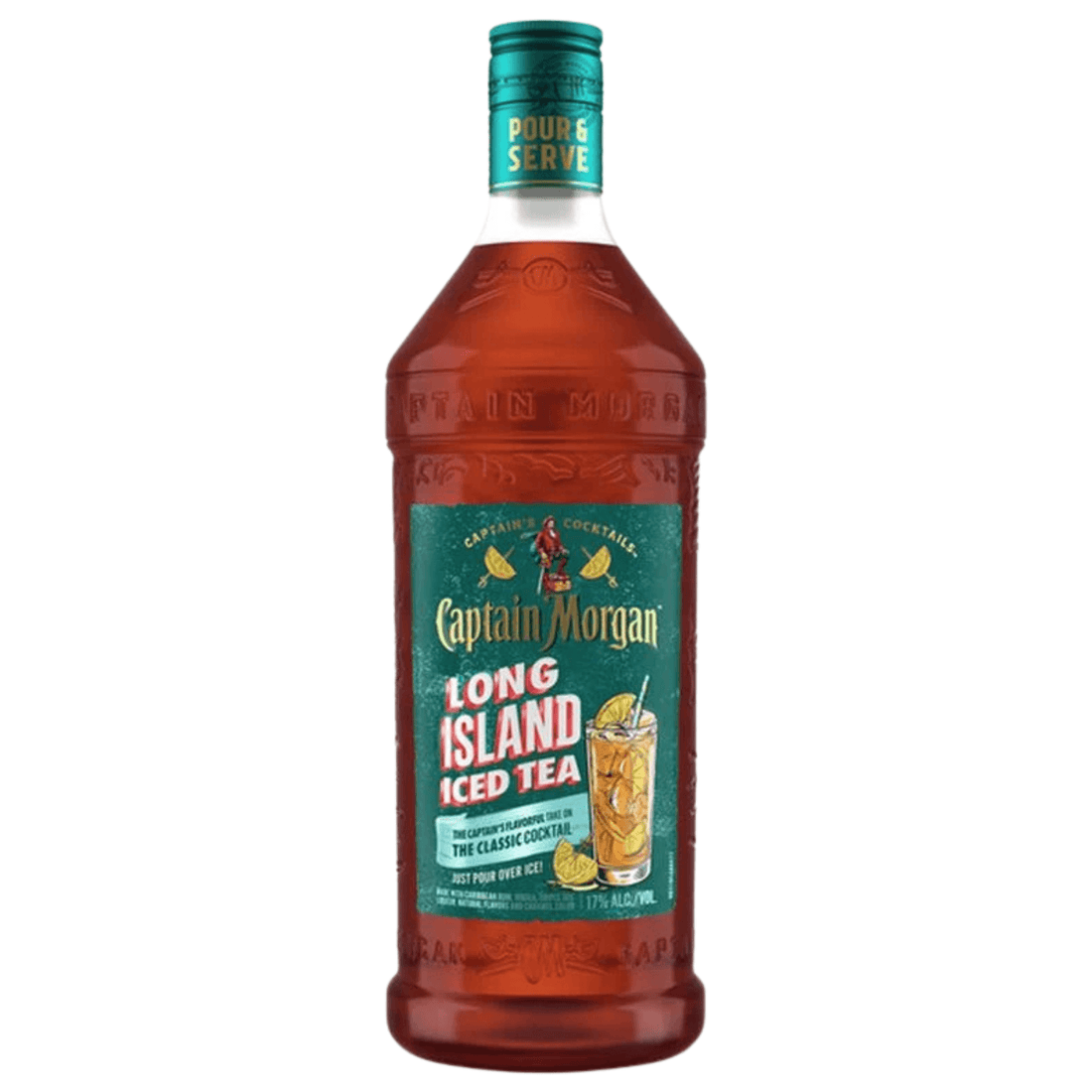 Captain Morgan RTD Long Island Iced Tea 1.75L bottle, ready-to-drink cocktail for convenient enjoyment, produced in the U.S. Virgin Islands.