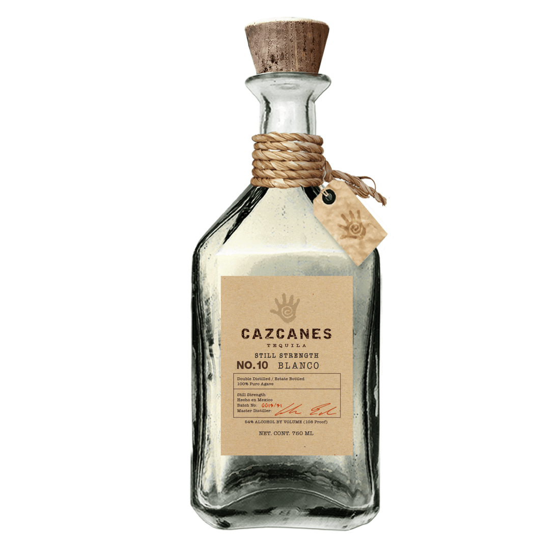 Cazcanes No. 10 Still Strength Blanco 750ml, unaged 54% ABV tequila made from organic Blue Weber agave, showcased in a clear bottle.