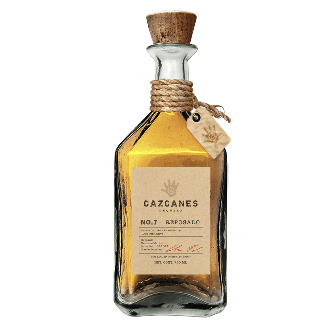 Cazcanes No. 7 Reposado 750ml tequila bottle, aged in oak barrels, made from Blue Weber agave, with cork and label details.