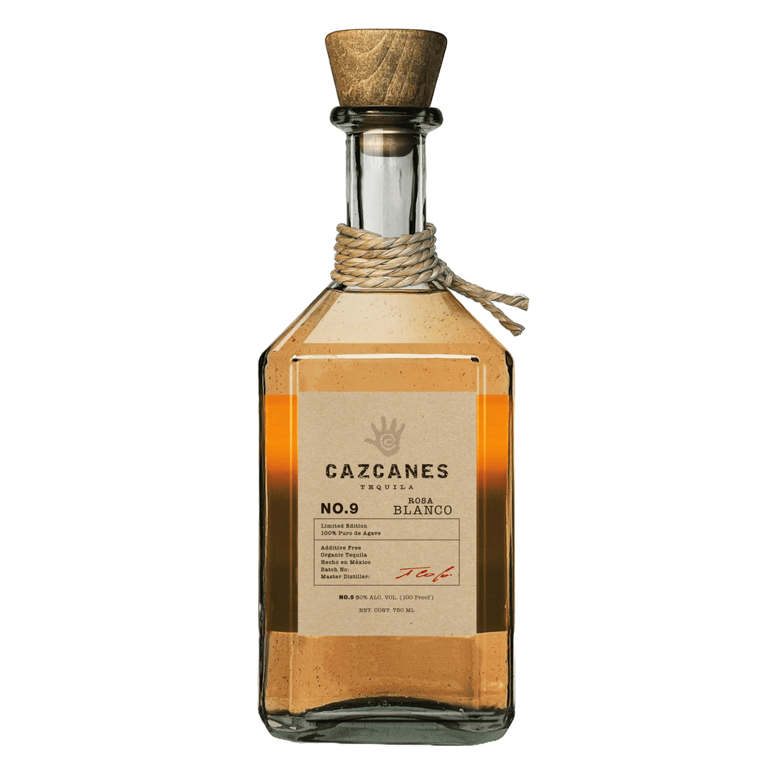 Cazcanes Tequila No. 9 Rosa Blanco 750ml bottle, aged in Cabernet Sauvignon oak casks, 100 proof, made in Amatitán, Jalisco.