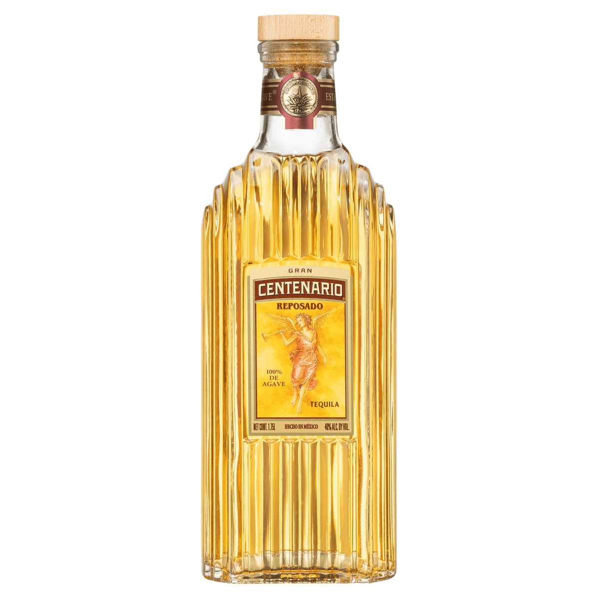 Gran Centenario Reposado tequila bottle 1.75L with embossed design and label, aged in new American oak, 100% Blue Weber agave.