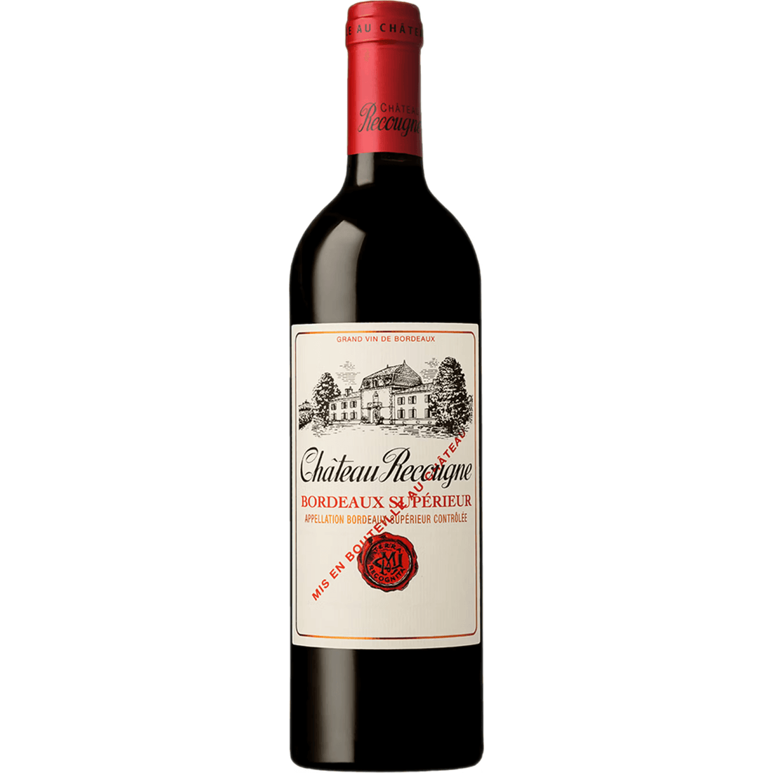 Chateau Recougne Bordeaux Superieur 2019 wine bottle, 750ml, classic right bank red blend with elegant label design.