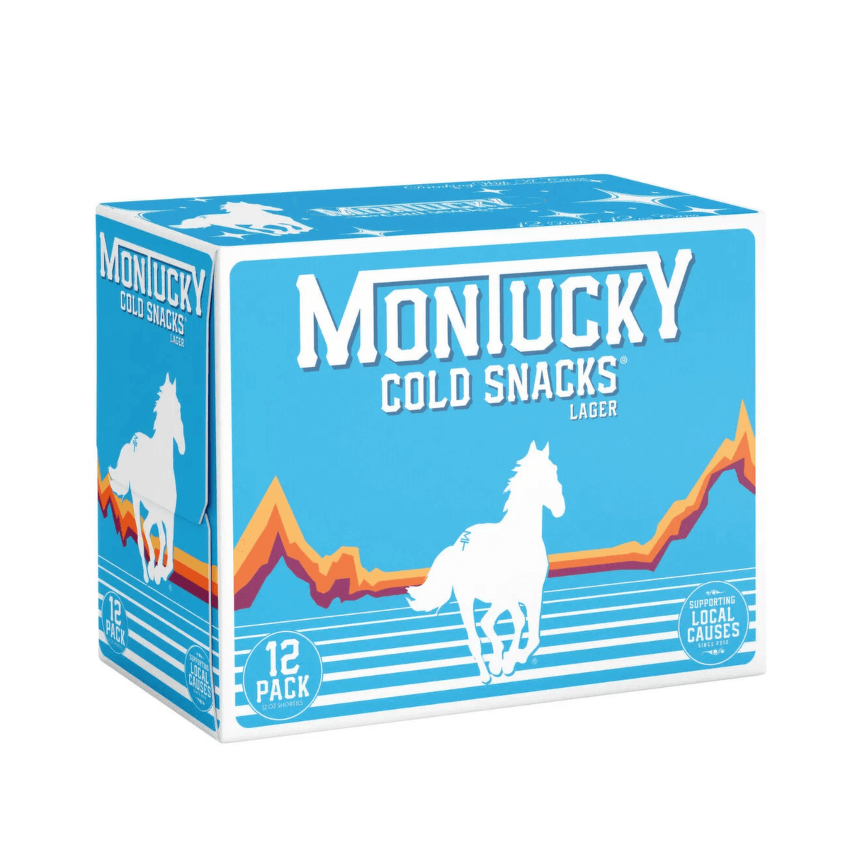 Montucky Cold Snacks 12 pack of 12oz cans, featuring a blue box with a white horse design, American Lager from Montana.
