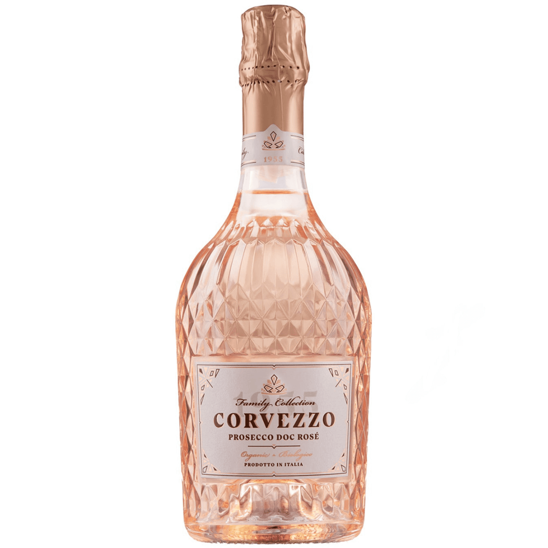 Corvezzo Organic Prosecco Rosé 750ml bottle, sparkling extra dry rosé wine from Veneto, Italy, with elegant packaging.