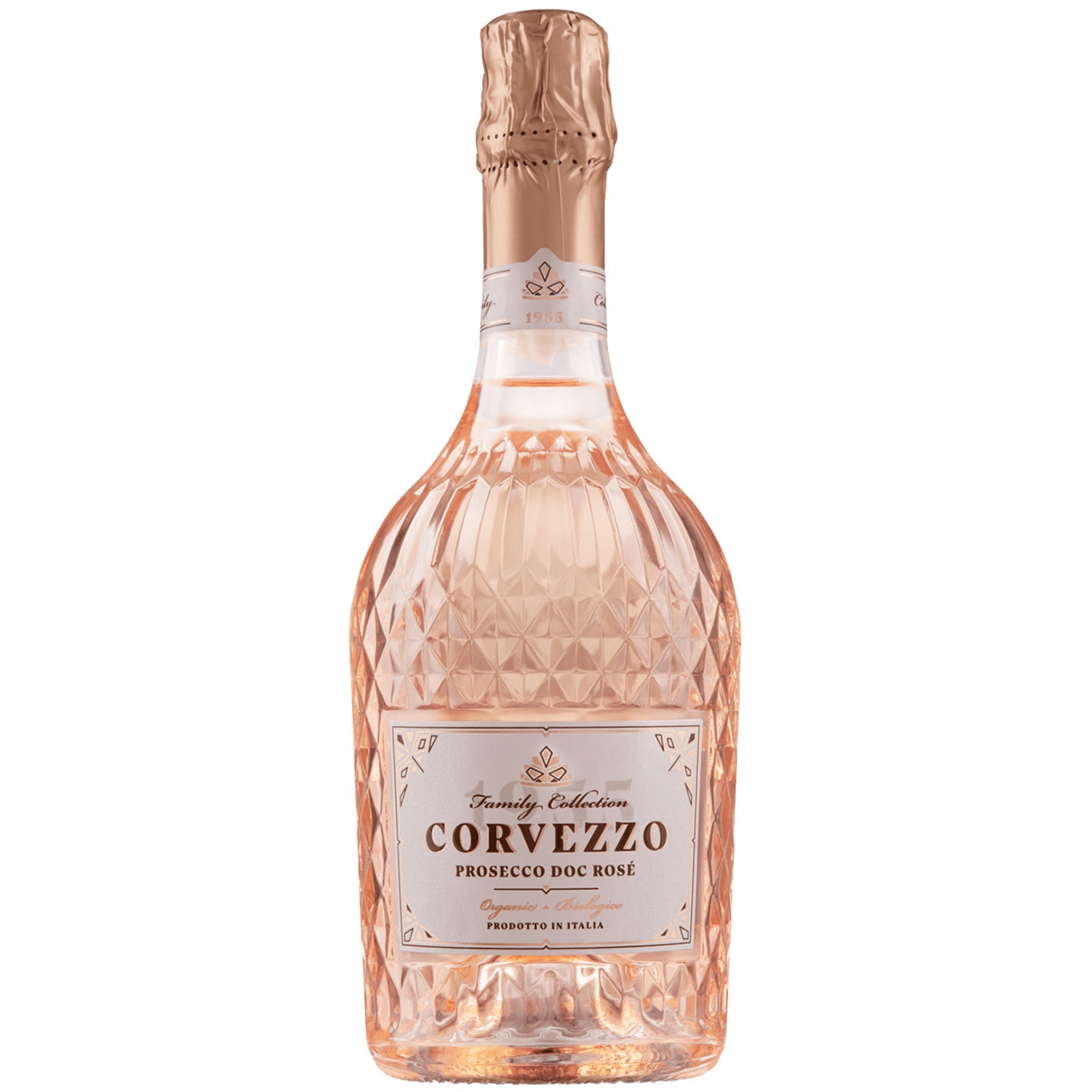 Corvezzo Organic Prosecco Rosé 750ml bottle, sparkling extra dry rosé wine from Veneto, Italy, with elegant packaging.