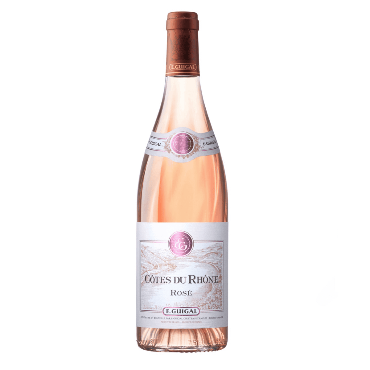 E. Guigal Cotes Du Rhone Rose 2021 750ml bottle, Southern Rhone Valley, Grenache Cinsault Syrah blend, 13.5% ABV.