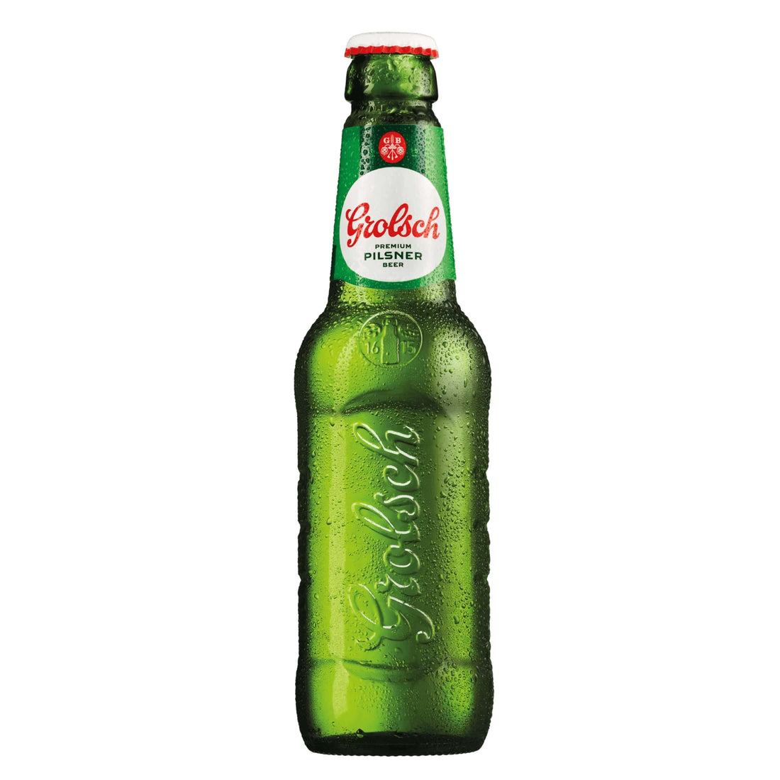 Grolsch Premium Pilsner 12oz bottle, renowned Dutch beer from Grolsch Brewery, offering crisp, refreshing taste with herbal notes.
