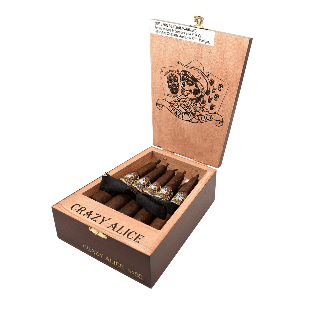Open box of Deadwood Crazy Alice cigars, 10 count, with intricate label design, showcasing rich Nicaraguan Maduro wrapped cigars.