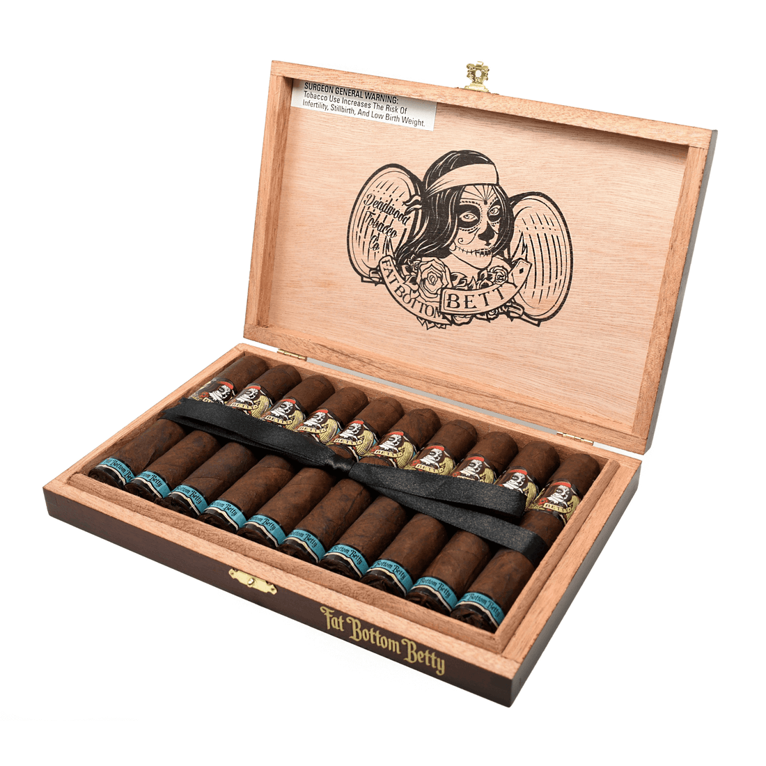 Open box of 10 Deadwood Fat Bottom Betty Robusto cigars with Maduro wrappers, featuring bold and sweet flavor notes. Nicaraguan origin.