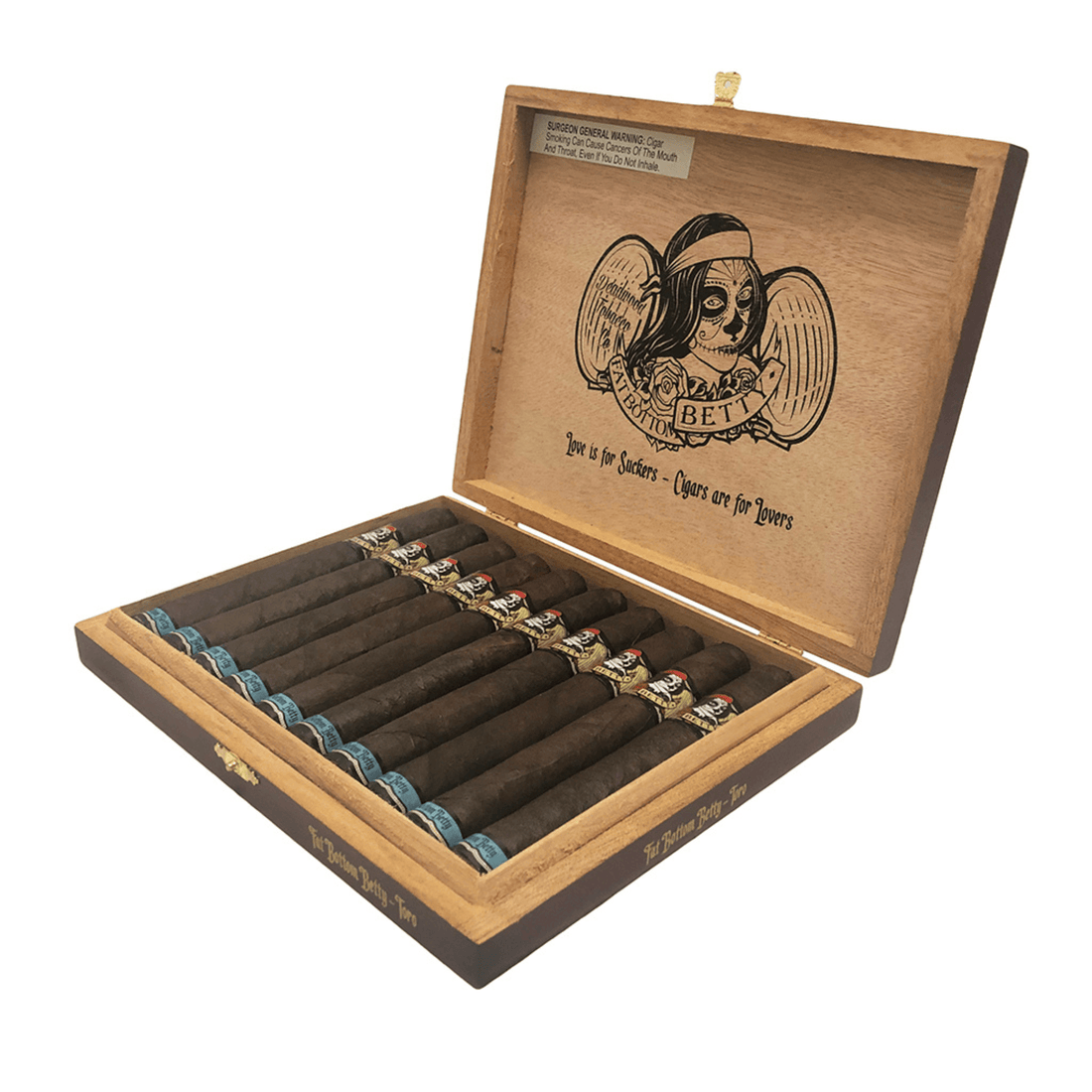 Open box of 10 Deadwood Fat Bottom Betty Toro cigars with elegant artwork and Maduro wrapper, featuring Nicaraguan origin and medium strength.