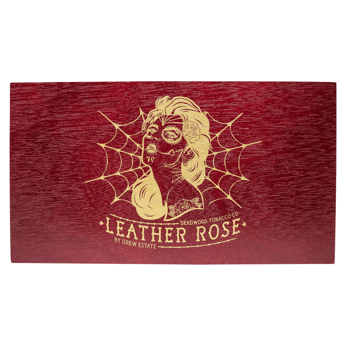 Wooden box of Deadwood Leather Rose Torpedo cigars with artistic design, showcasing bold and spicy flavor from Nicaragua.