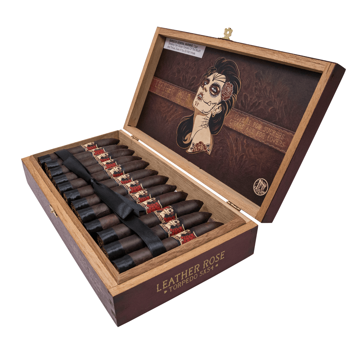 Open box of Deadwood Leather Rose Torpedo cigars from Nicaragua, featuring a maduro wrapper with sweet and spicy flavor notes.
