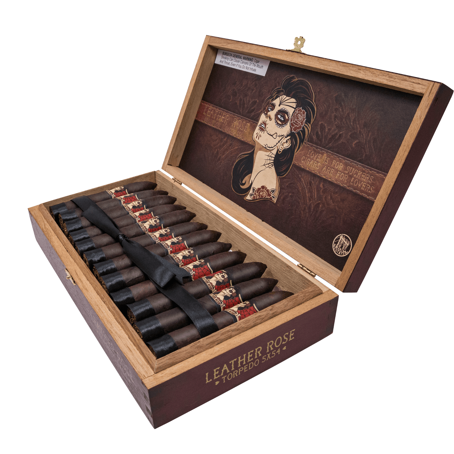 Open box of Deadwood Leather Rose Torpedo cigars from Nicaragua, featuring a maduro wrapper with sweet and spicy flavor notes.