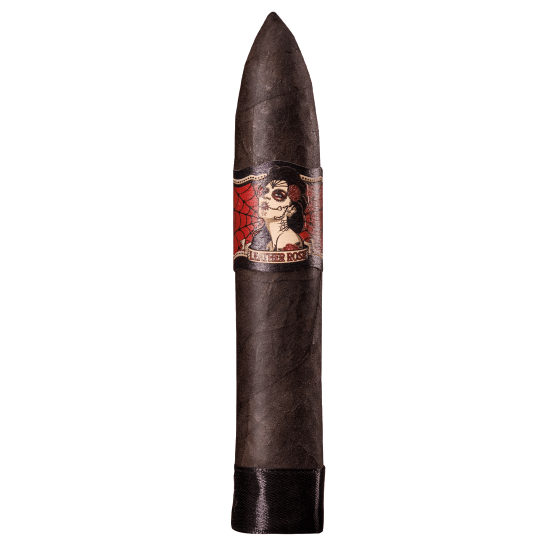 Deadwood Leather Rose Torpedo cigar with a dark Maduro wrapper, medium to full strength, featuring notes of cocoa and spices.