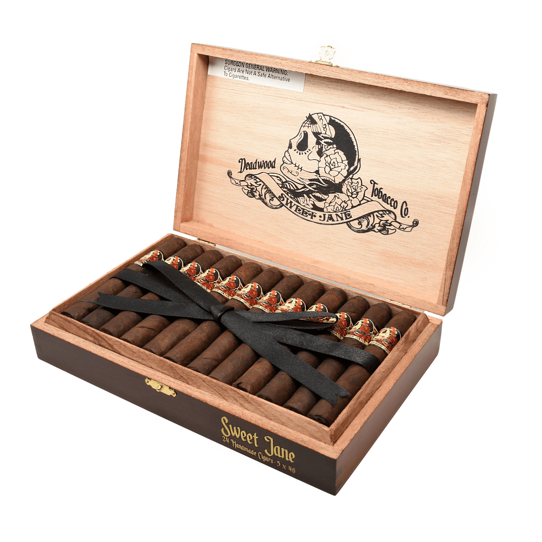 Open box of Deadwood Sweet Jane cigars, displaying 24 handcrafted medium-strength Nicaraguan maduros with a sweet, aromatic profile.