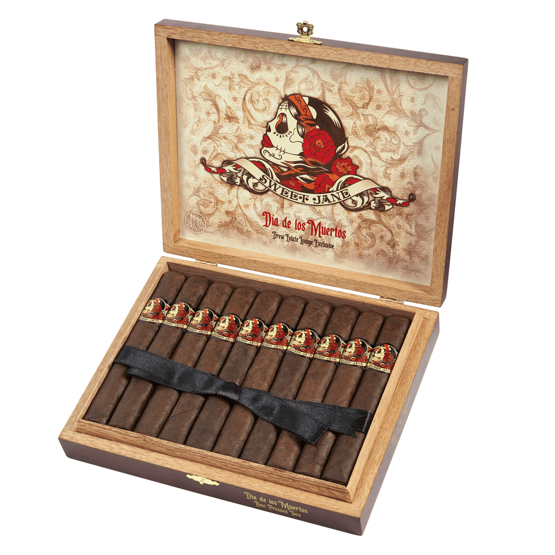 Deadwood Sweet Jane Dia de los Muertos cigars in open wooden box, featuring skull design, 20 count