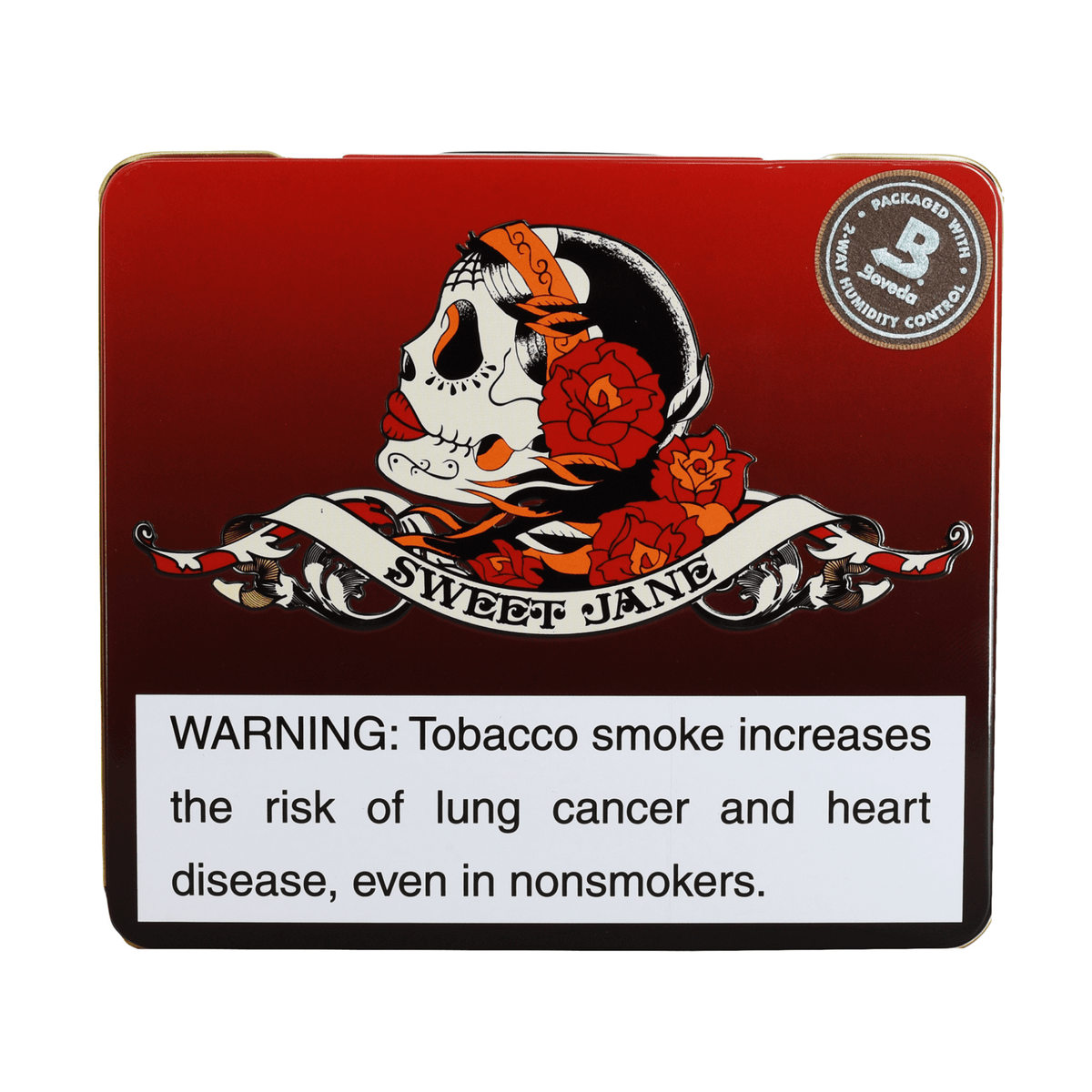Deadwood Sweet Jane 10ct Tin featuring a skull design with roses, packaging includes health warning label. Cigars product image.