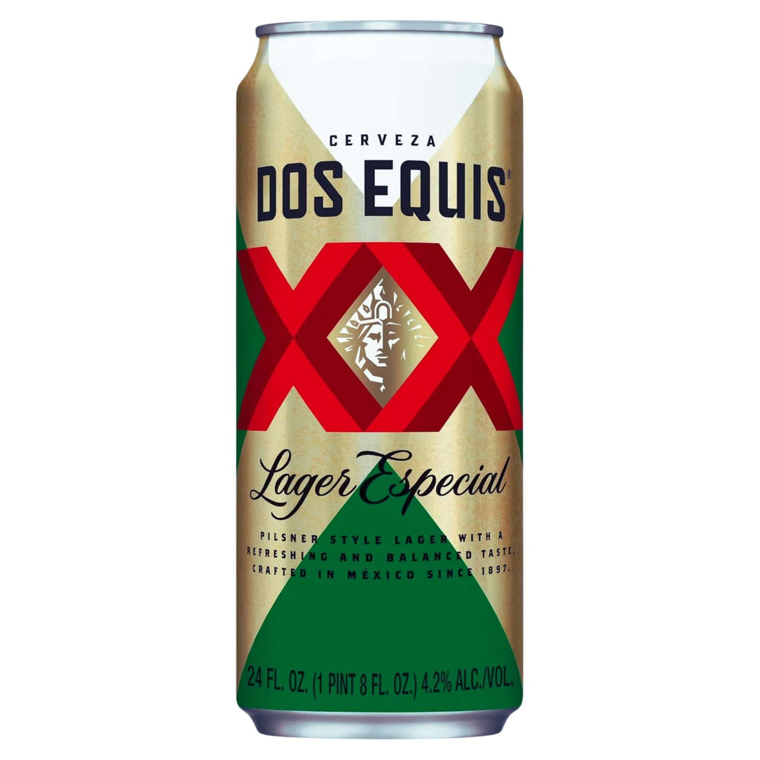 24oz can of Dos Equis Lager Especial, a crisp pale lager with balanced malt sweetness and hop bitterness, brewed in Mexico.