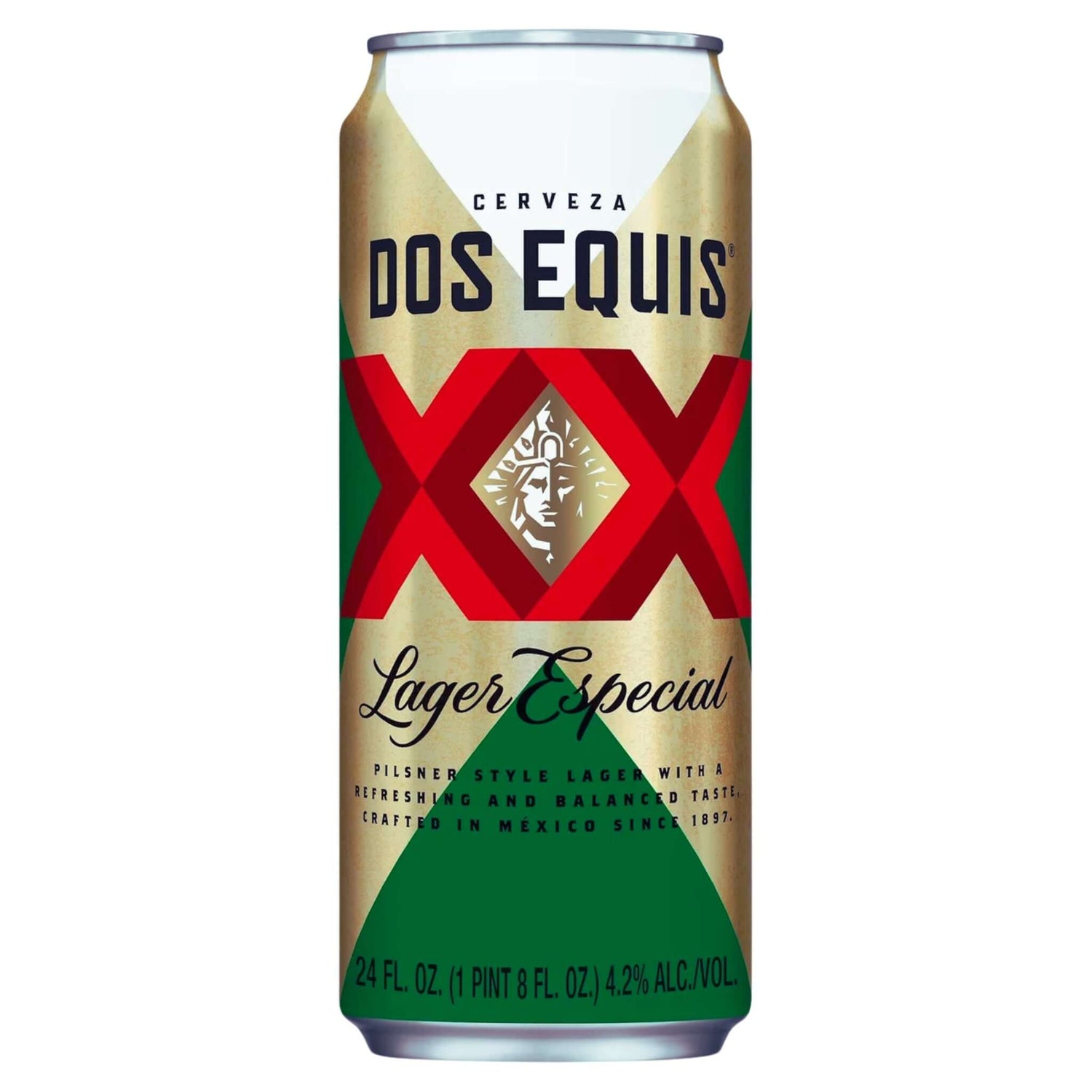 24oz can of Dos Equis Lager Especial, a crisp pale lager with balanced malt sweetness and hop bitterness, brewed in Mexico.