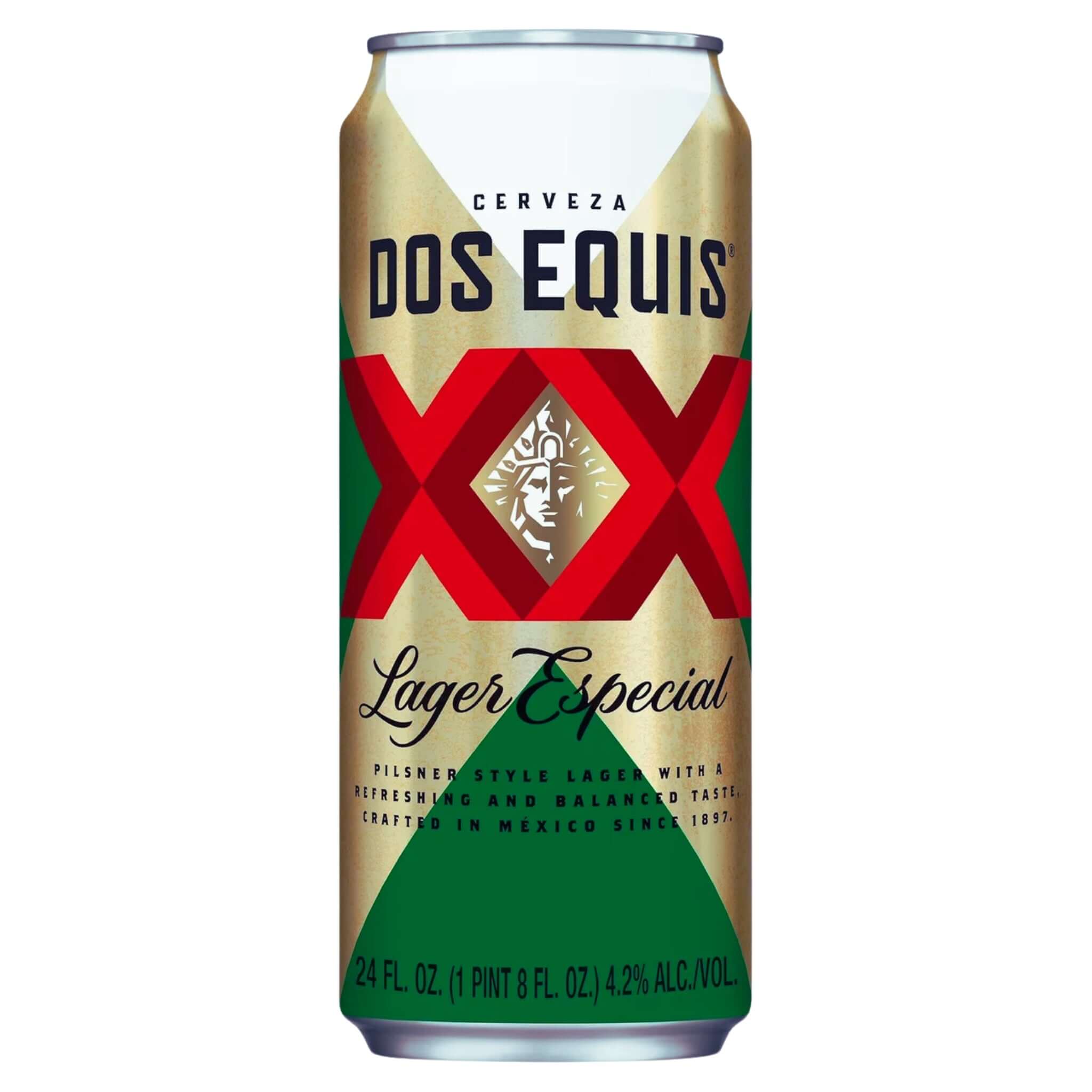 24oz can of Dos Equis Lager Especial, a crisp pale lager with balanced malt sweetness and hop bitterness, brewed in Mexico.