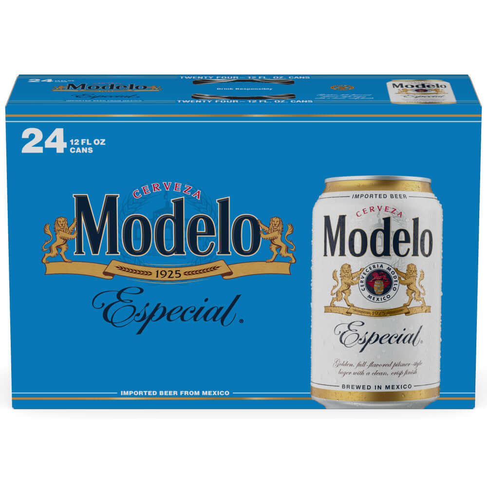 Modelo Especial 24-pack of 12oz cans, Mexican lager with crisp malt flavor, brewed by Grupo Modelo in Mexico City.