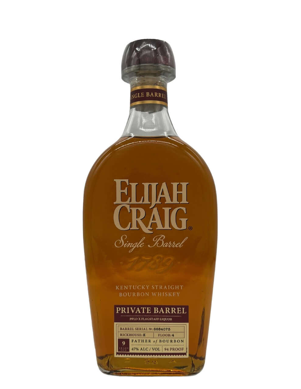 Elijah Craig Single Barrel Private Barrel Bourbon, 9 Year Kentucky Whiskey, 750mL bottle with 94 Proof ABV, Heaven Hill Distillery.