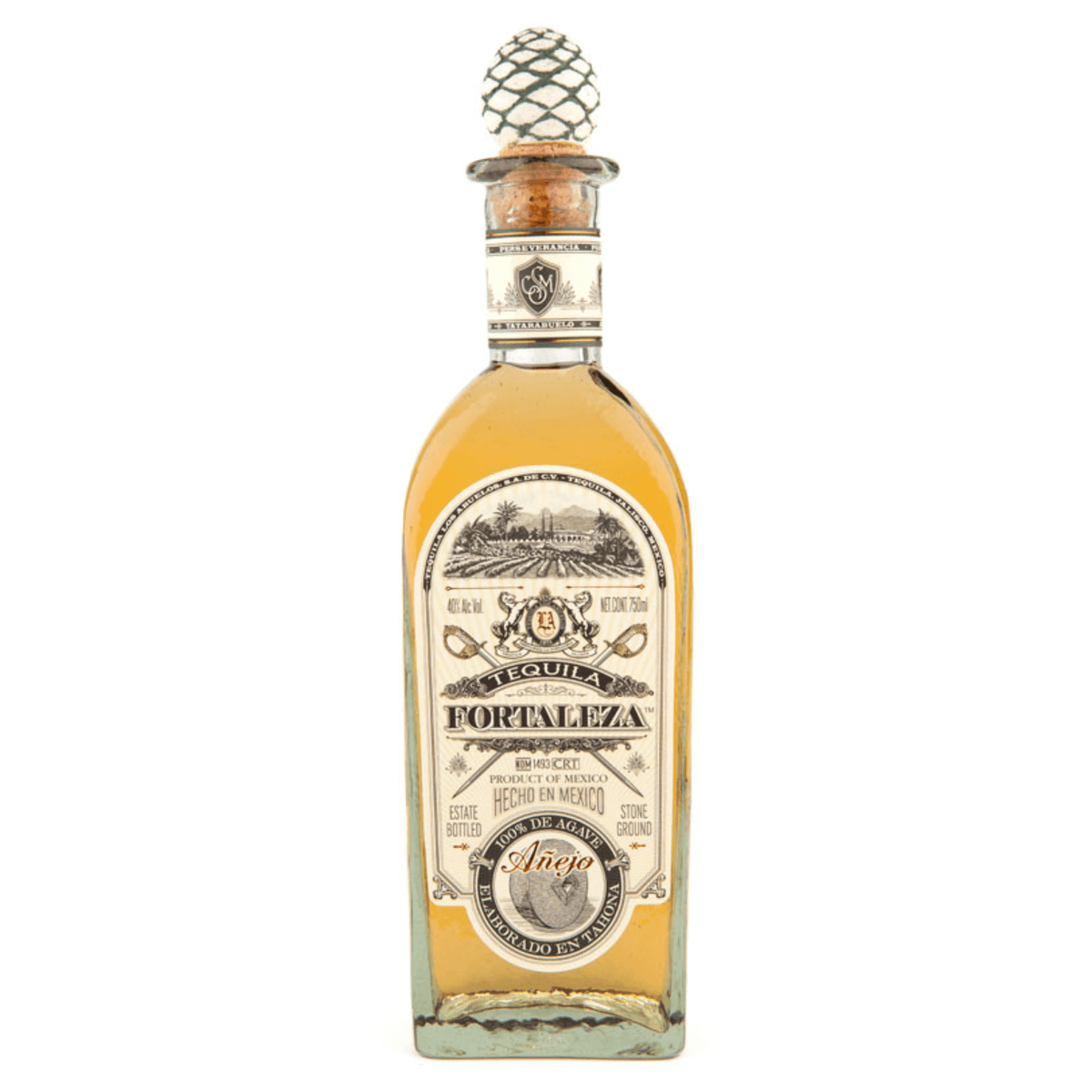 Fortaleza Tequila Añejo 750ml bottle, aged 18 months, made in Tequila, Jalisco, Mexico, with 40% ABV.