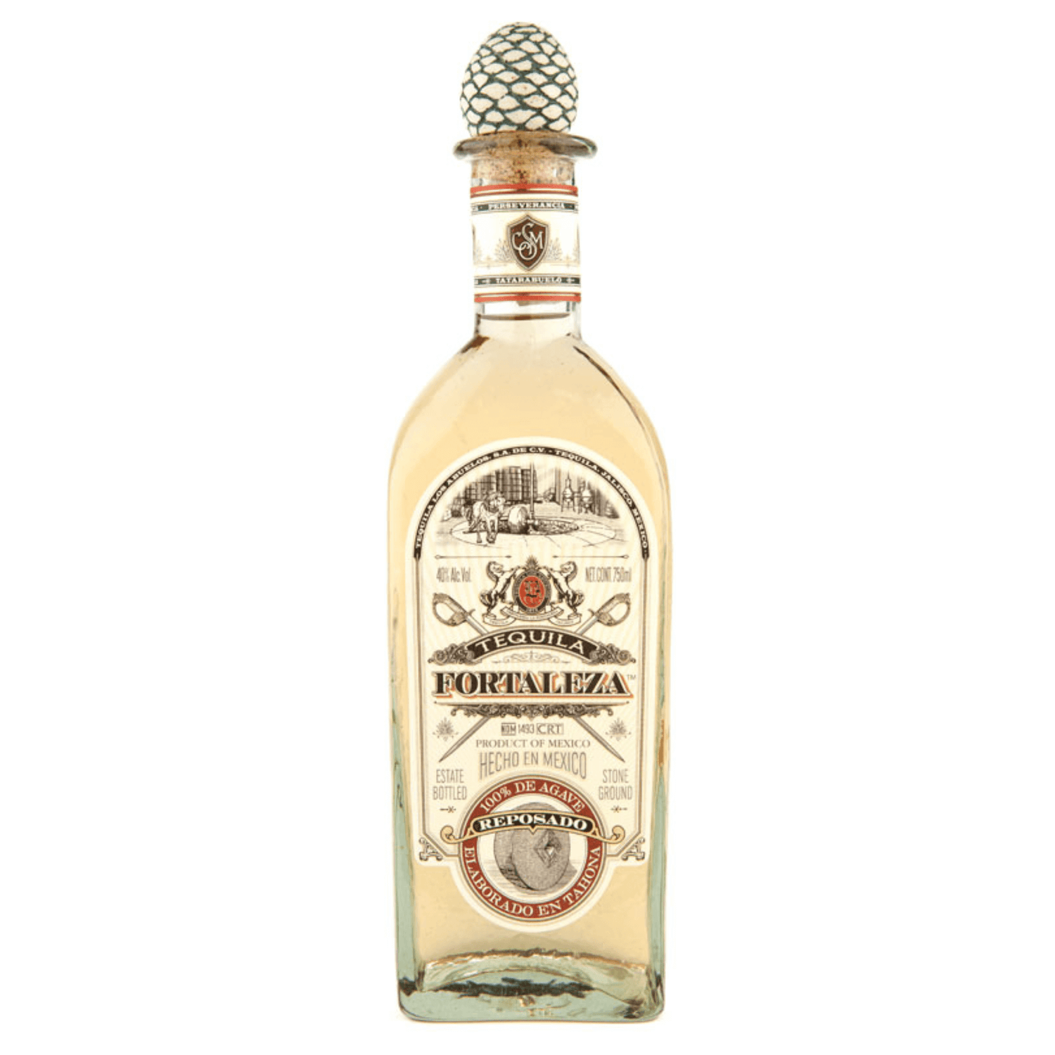 Bottle of Fortaleza Tequila Reposado 750ml from Destilería La Fortaleza with aged traditional design.