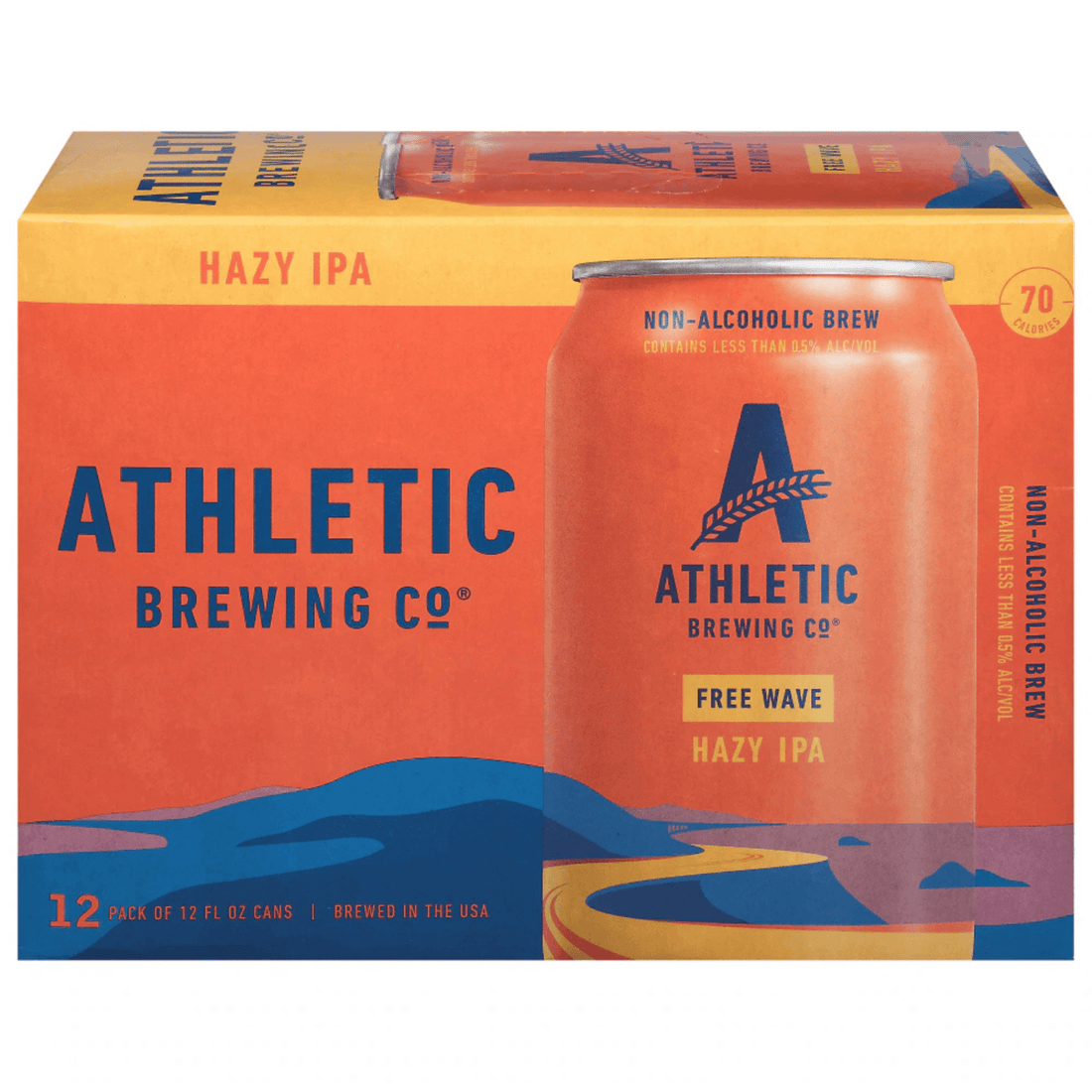Athletic Brewing Co Free Wave Hazy IPA 12-pack of 12oz non-alcoholic beer cans with vibrant packaging.