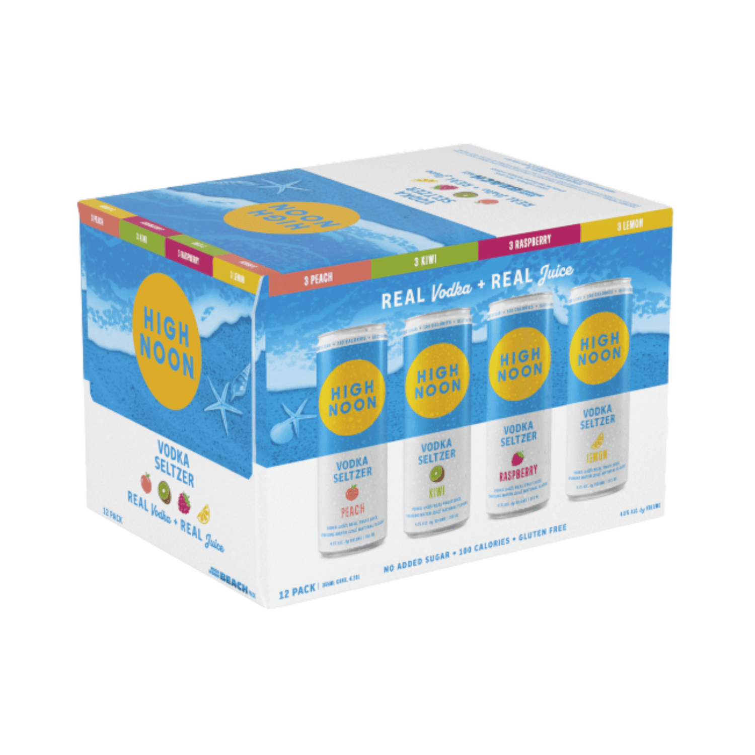 High Noon Beach Pack 12 Pack of Vodka-Based Hard Seltzer in 12oz Cans, Featuring Real Vodka and Fruit Juice, Perfect for Relaxation.