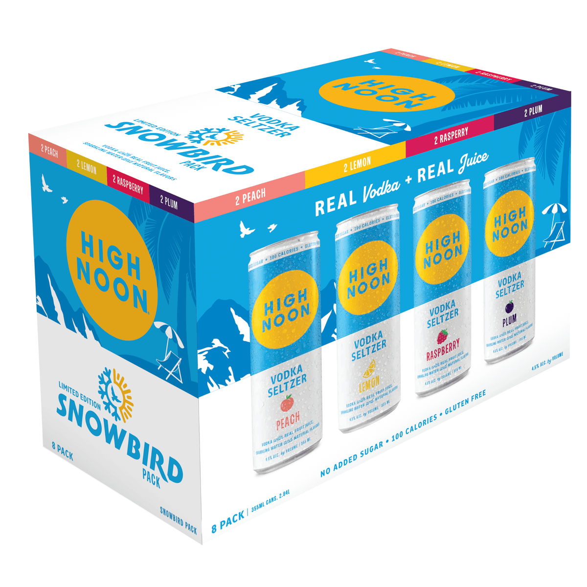 High Noon Snowbird 8 Pack Vodka Seltzer with Real Fruit Juice, 12oz Cans, featuring Peach, Lemon, Raspberry, and Plum flavors.