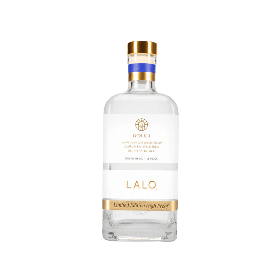 Bottle of LALO High Proof Blanco Tequila 750ml, unaged, made with 100% Blue Weber agave, 54% ABV, from Jalisco, Mexico.