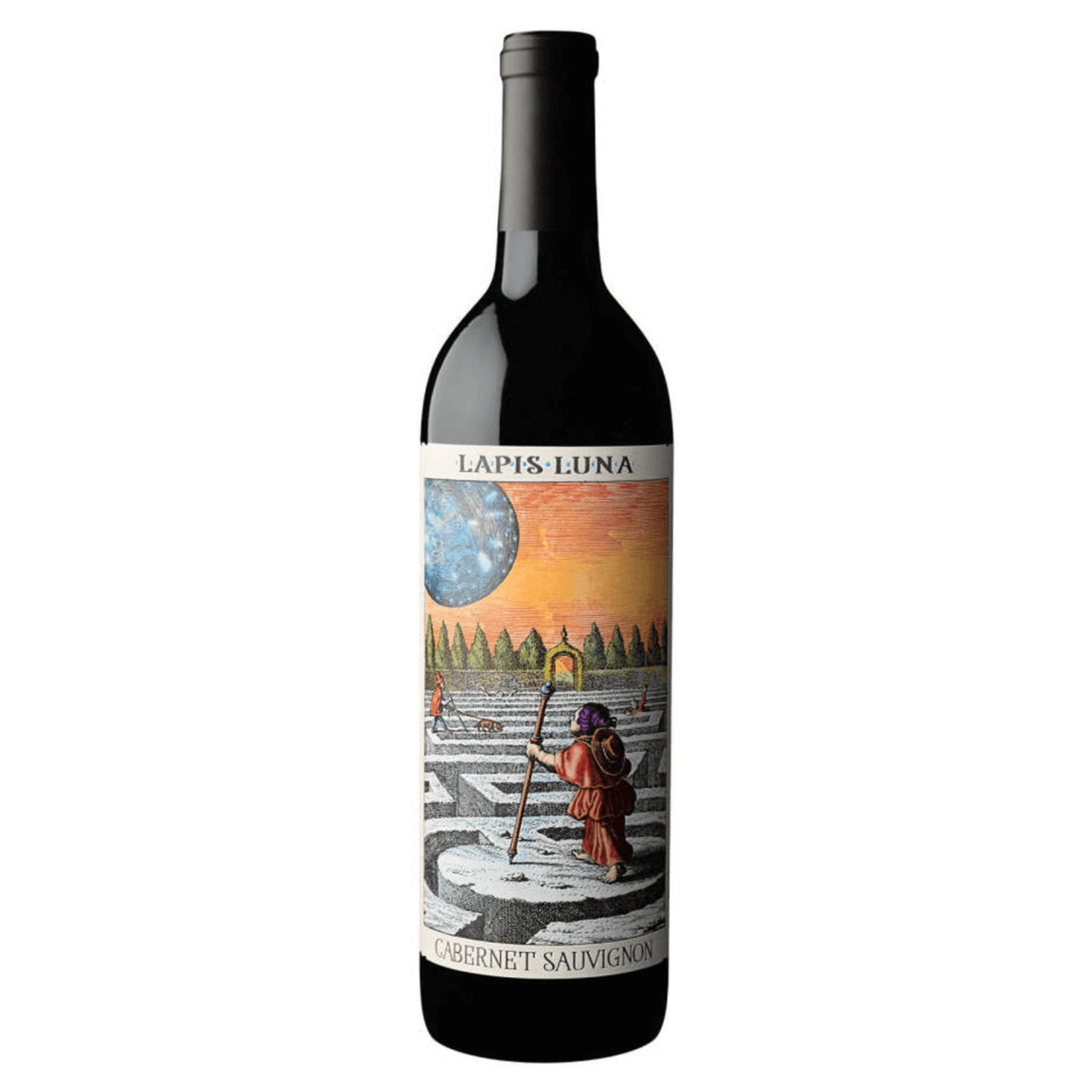 Lapis Luna Cabernet Sauvignon 2021 wine bottle from Lodi, California with artistic label design.
