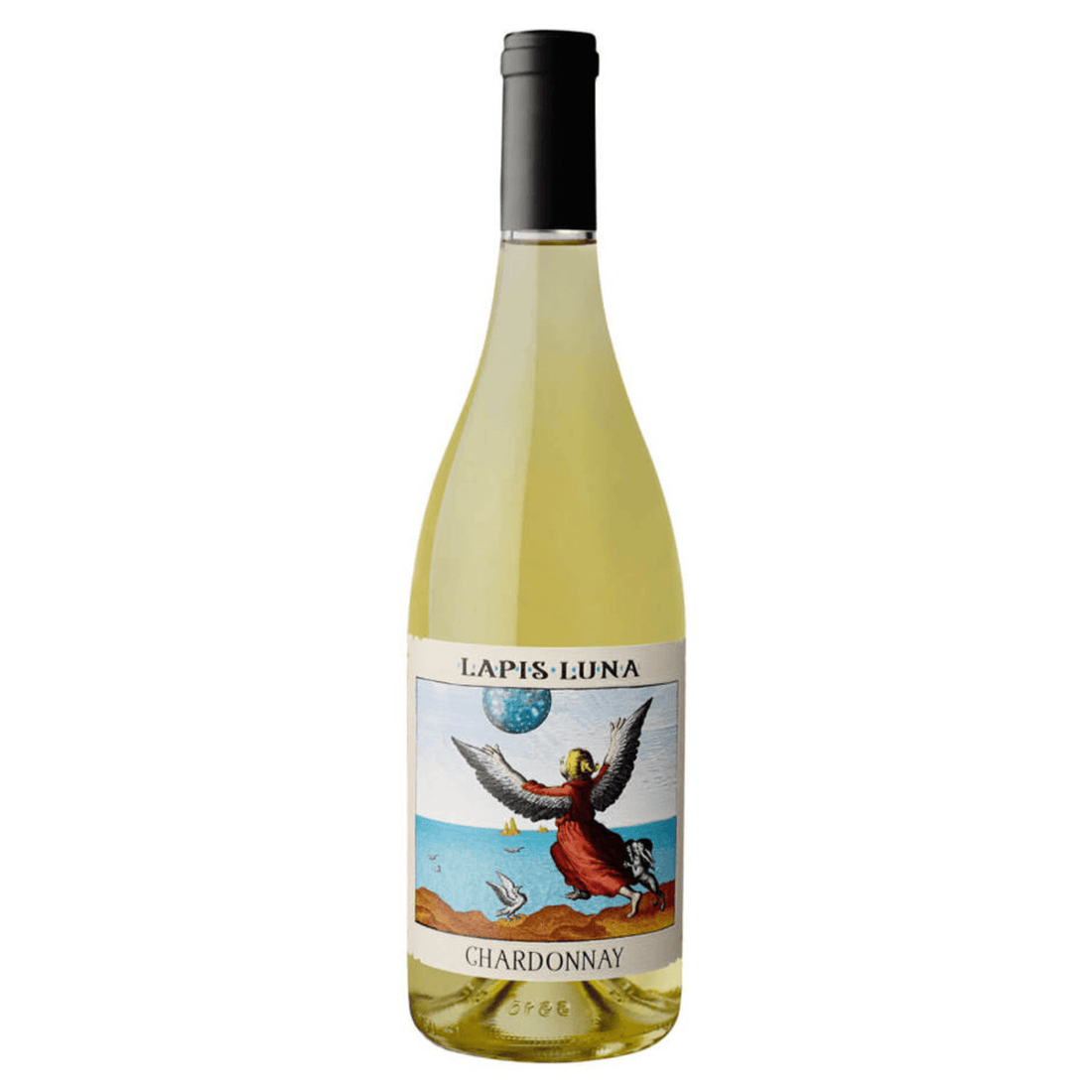 Bottle of Lapis Luna Chardonnay 2021 white wine, 750ml, from North Coast, California, showing the label art.
